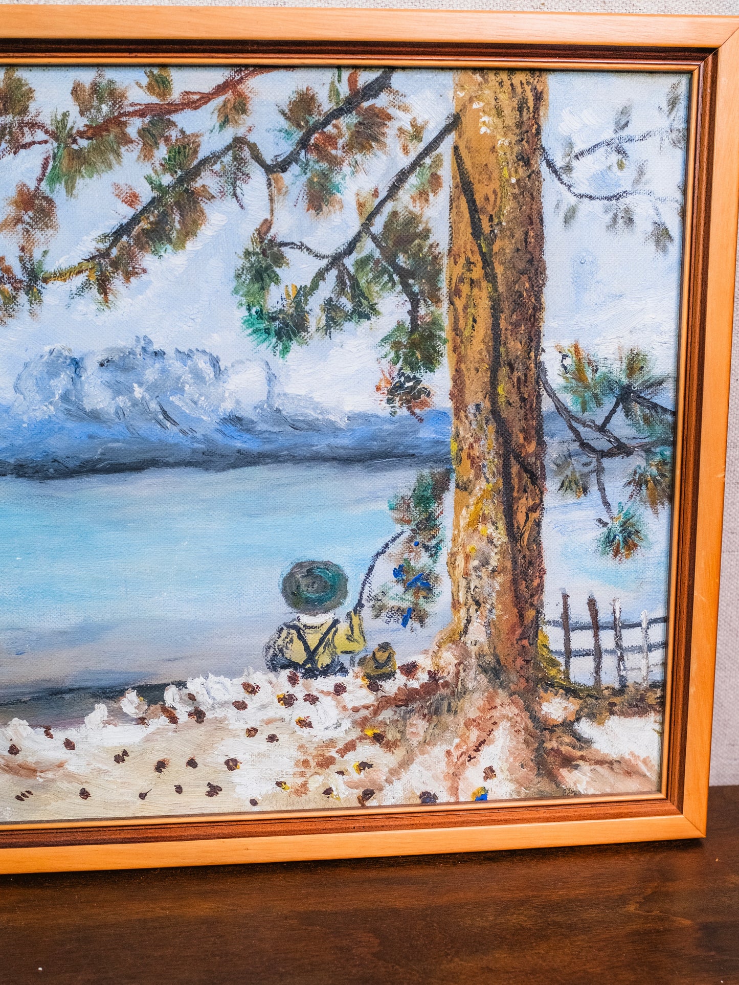Vintage 1980s Framed “Boy on the Shore” Oil on Canvas Painting