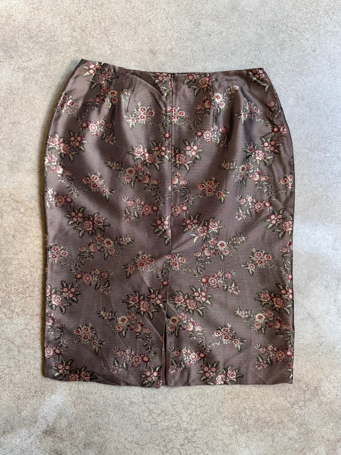 Vintage Doncaster 100% Silk Brown Floral Pencil Skirt | Waist 29”