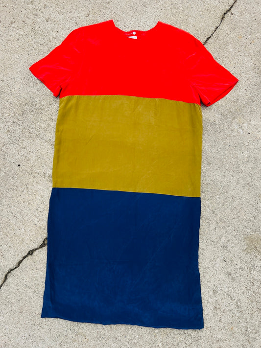 Vintage 1980s Bill Geoffreys Silk Color Block Short Sleeve Shift Dress | Medium