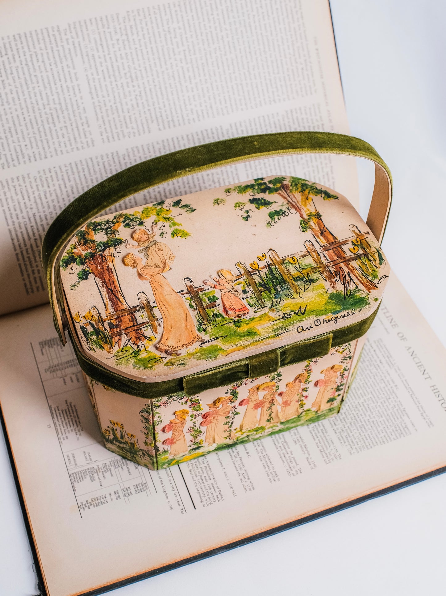Vintage 1960s Handmade Regency-Style Painted Wood Box Handbag