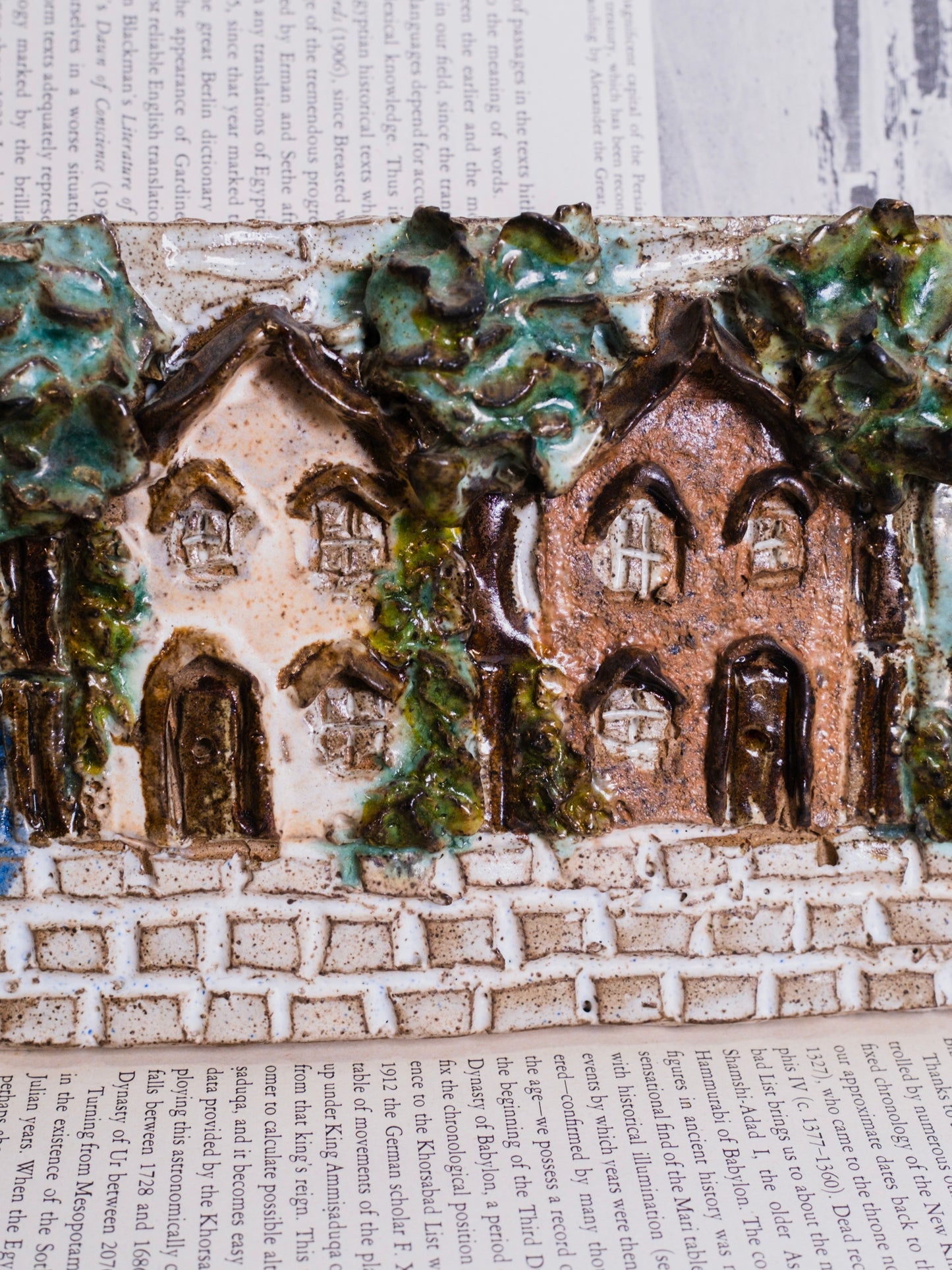 Vintage 1970s Glazed Ceramic 3D Stoneware "Town Houses" Wall Art