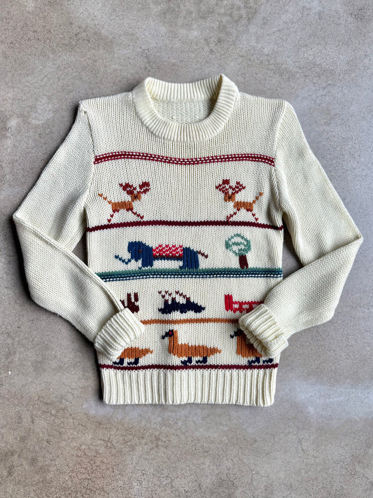 Vintage 1960s Novelty Animal Pattern Knit Crewneck Sweater | XS
