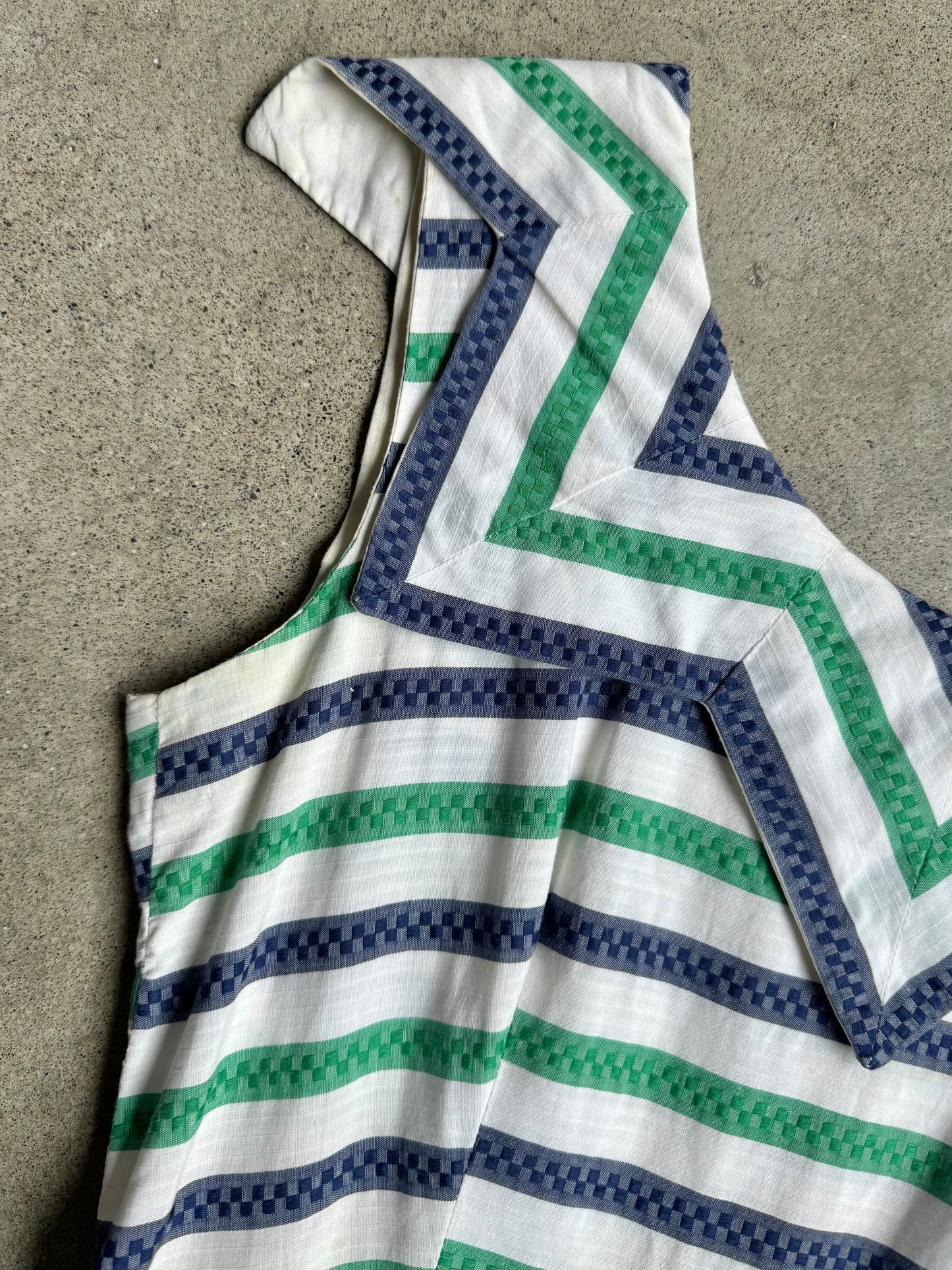 Vintage 1940s/50s Navy & Green Stripe Pointed Collar Pleated Dress | XS