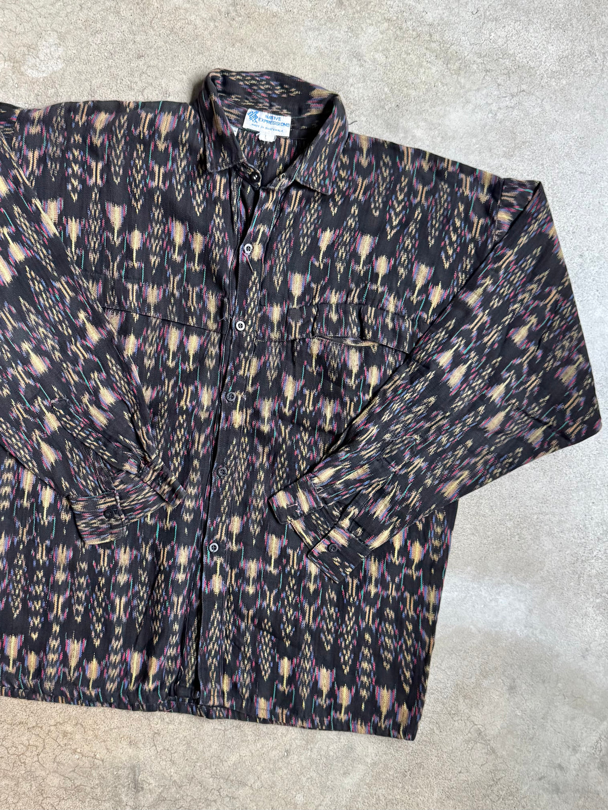 Vintage 1980s/90s Native Expressions Guatemalan Cotton Ikat Woven Shirt | Large