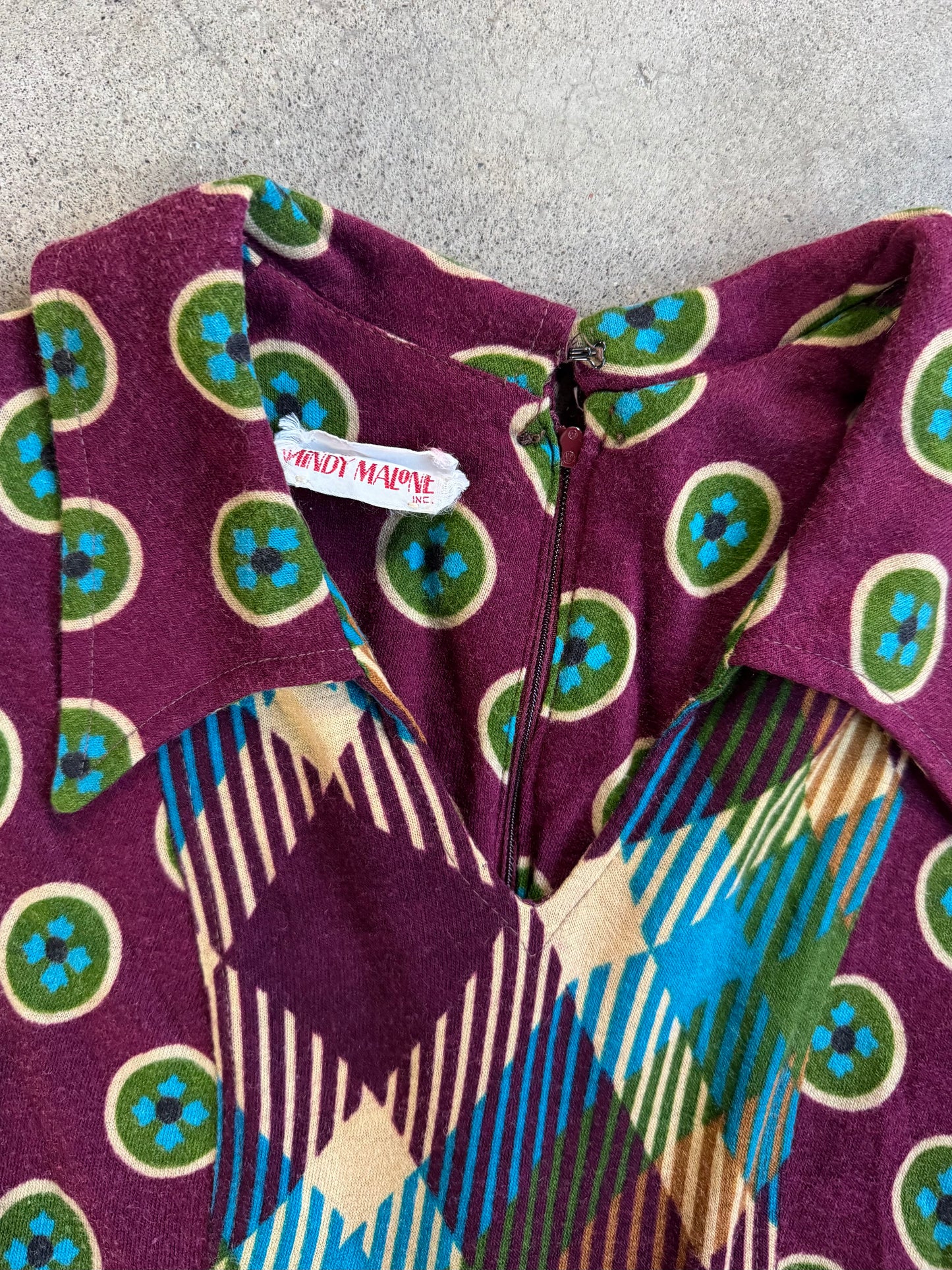 Vintage 1960s Mindy Malone Burgundy Multi-Pattern Collared Dress | XS