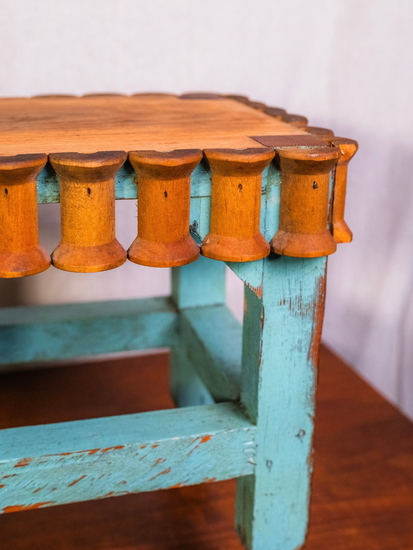 Vintage Handmade Teal Sewing Thread Spool Footstool w/ Wheels