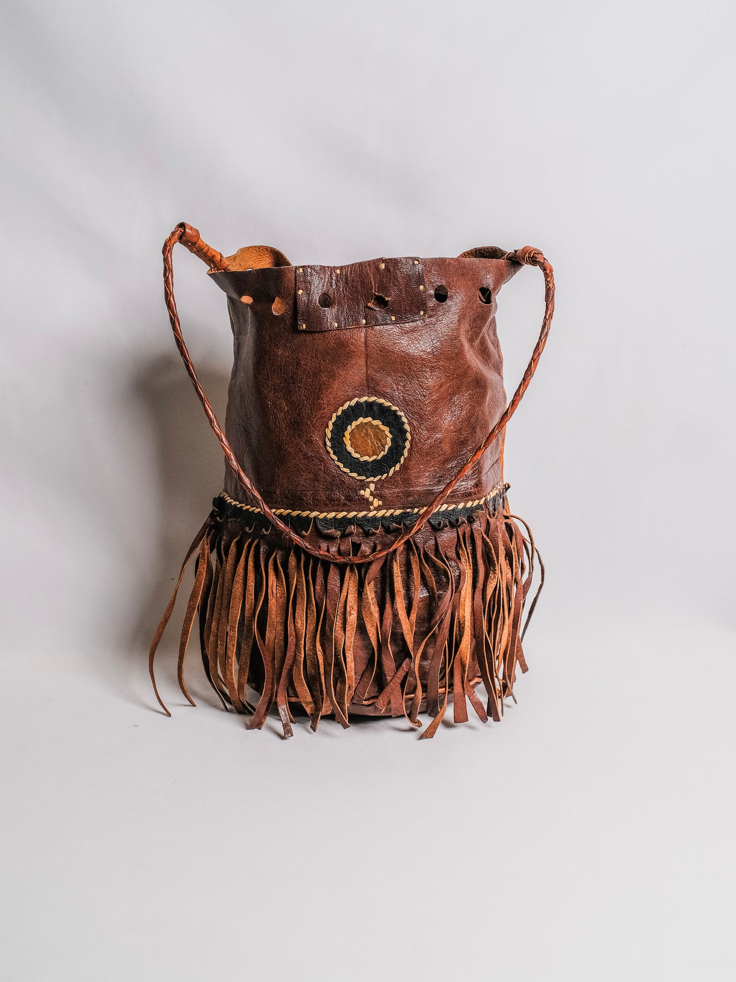 Handmade Native American Leather Tooled Fringe Bag