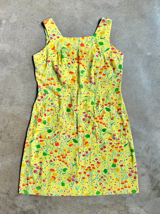 Vintage 1960s Yellow Floral Sleeveless Summer Dress | L/XL