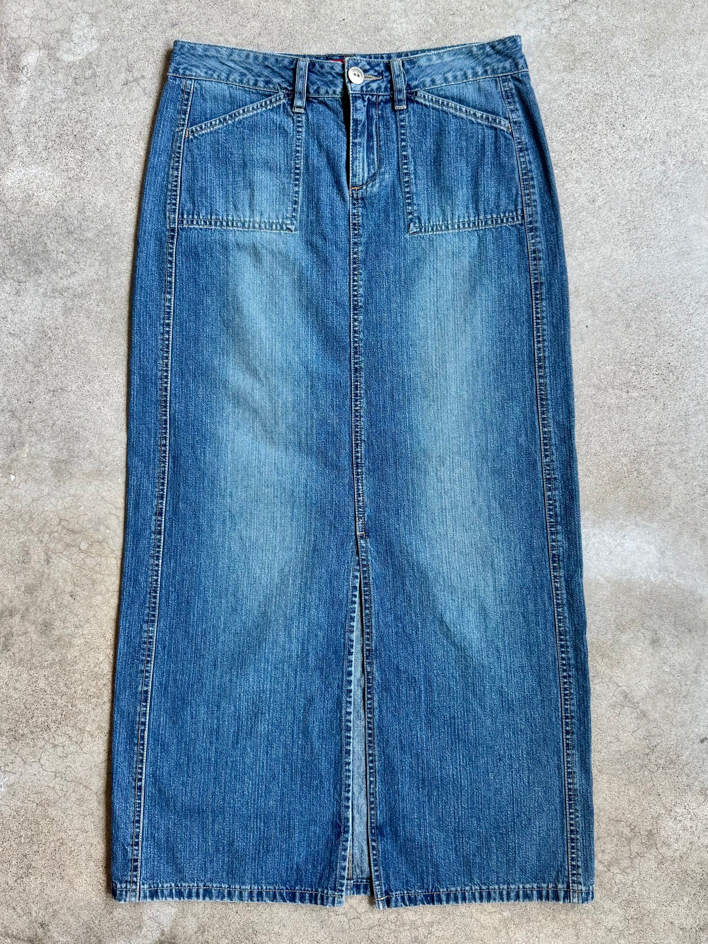 2000s Unionbay Split Hem Low-Rise Denim Maxi Skirt | S/M