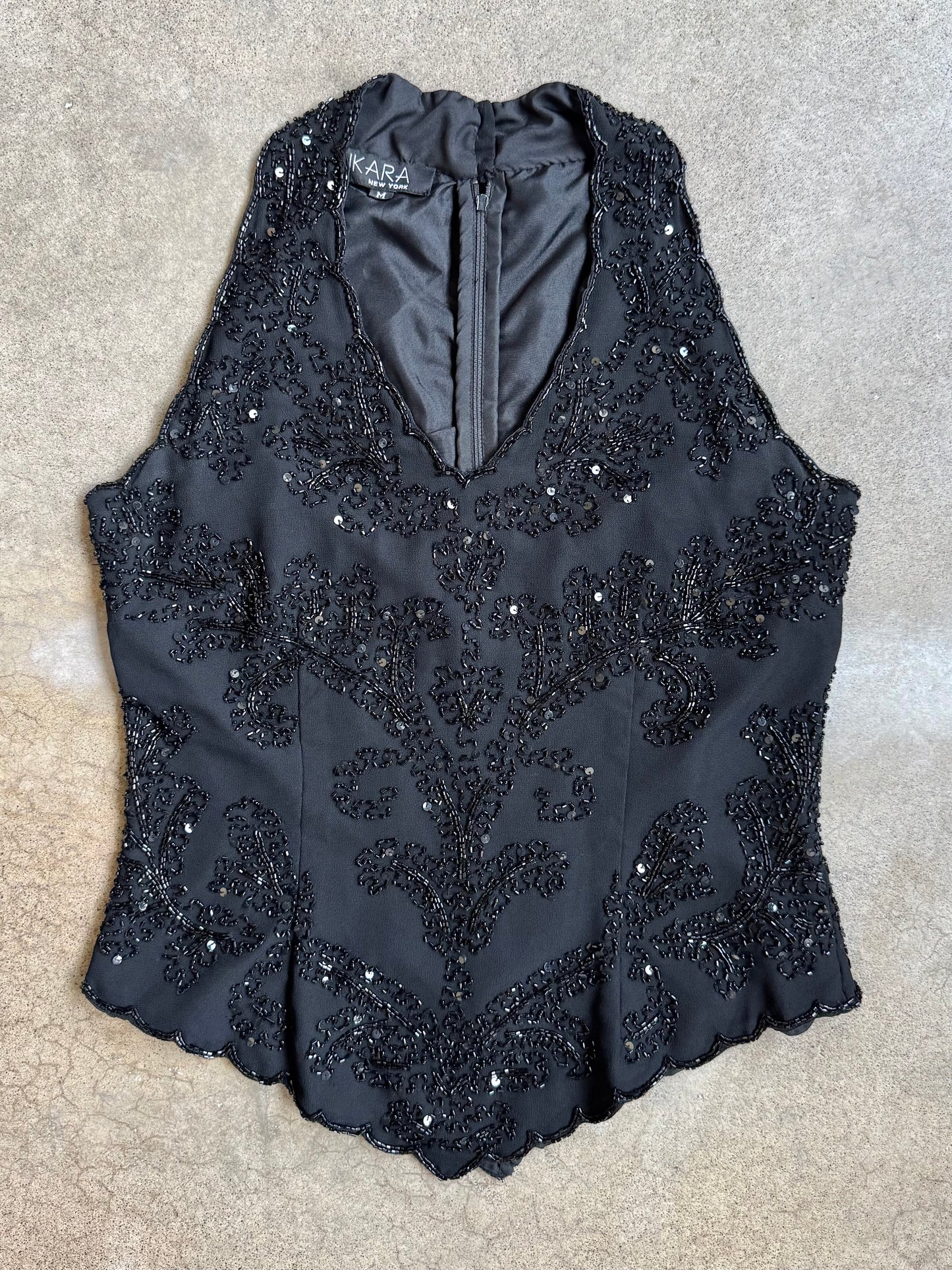 Vintage 1990s J Kara New York Black Beaded V-Neck Scalloped Sleeveless Top | Medium