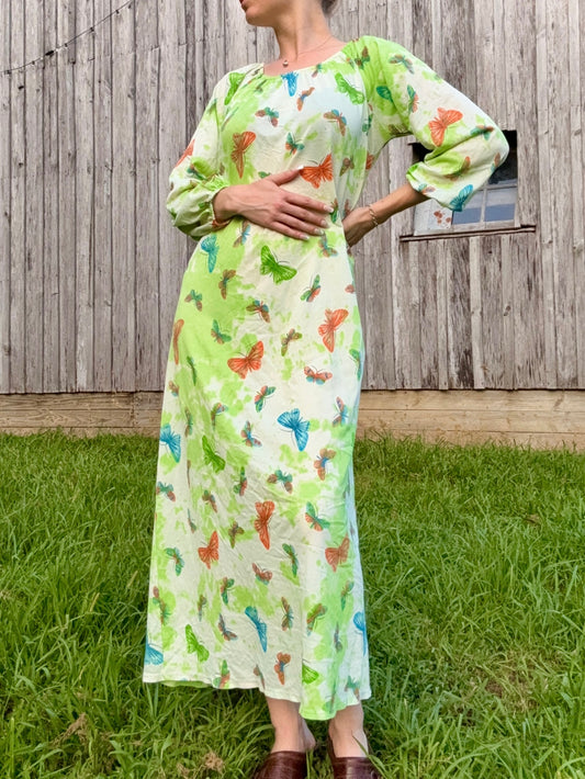 Vintage 1970s Green Butterfly Print Nylon Maxi Dress | Medium