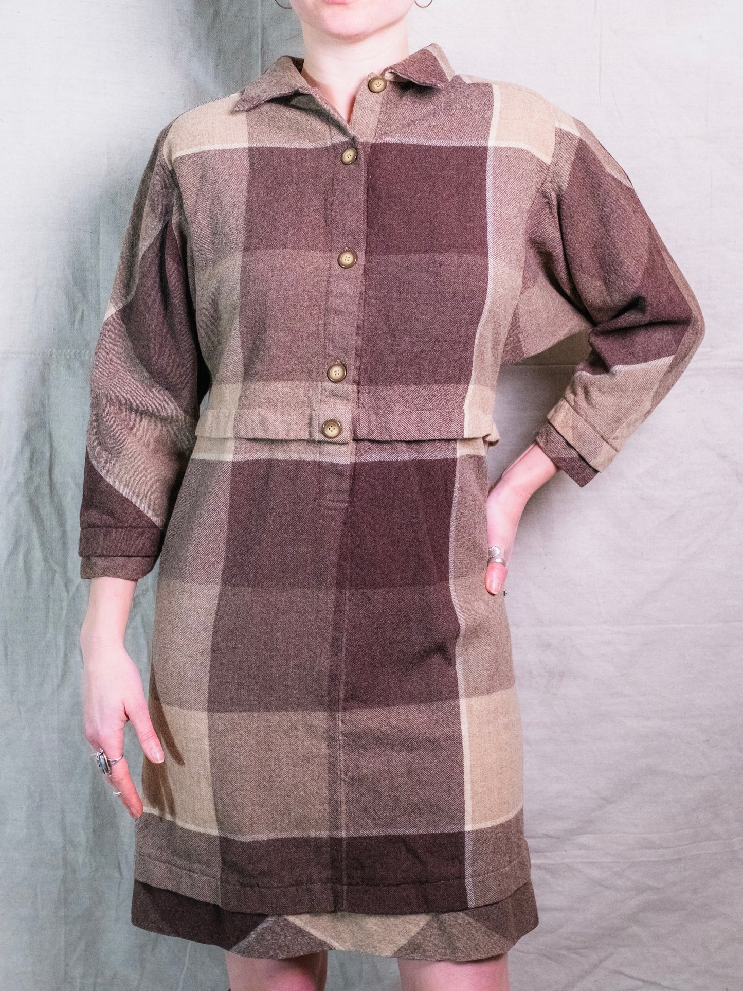 Vintage 1960s Handmade Brown-Tone Plaid Wool Shirt Dress | S/M