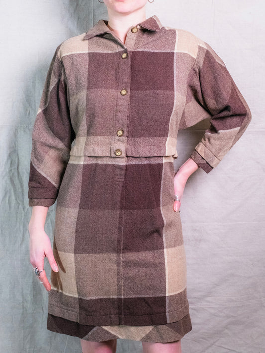 Vintage 1960s Handmade Brown-Tone Plaid Wool Shirt Dress | S/M