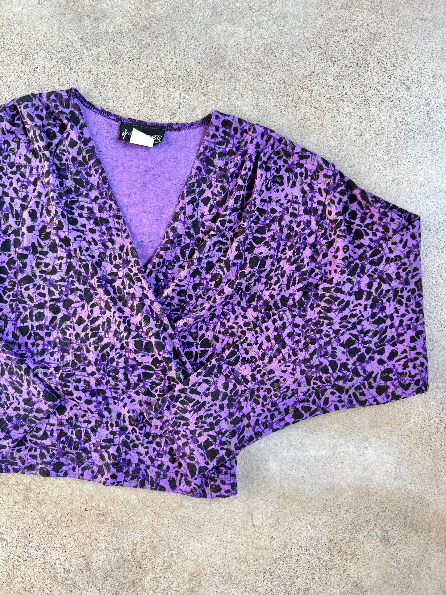 Vintage 1980s Necessary Objects Purple & Black Abstract Cropped Wrap Top | Small