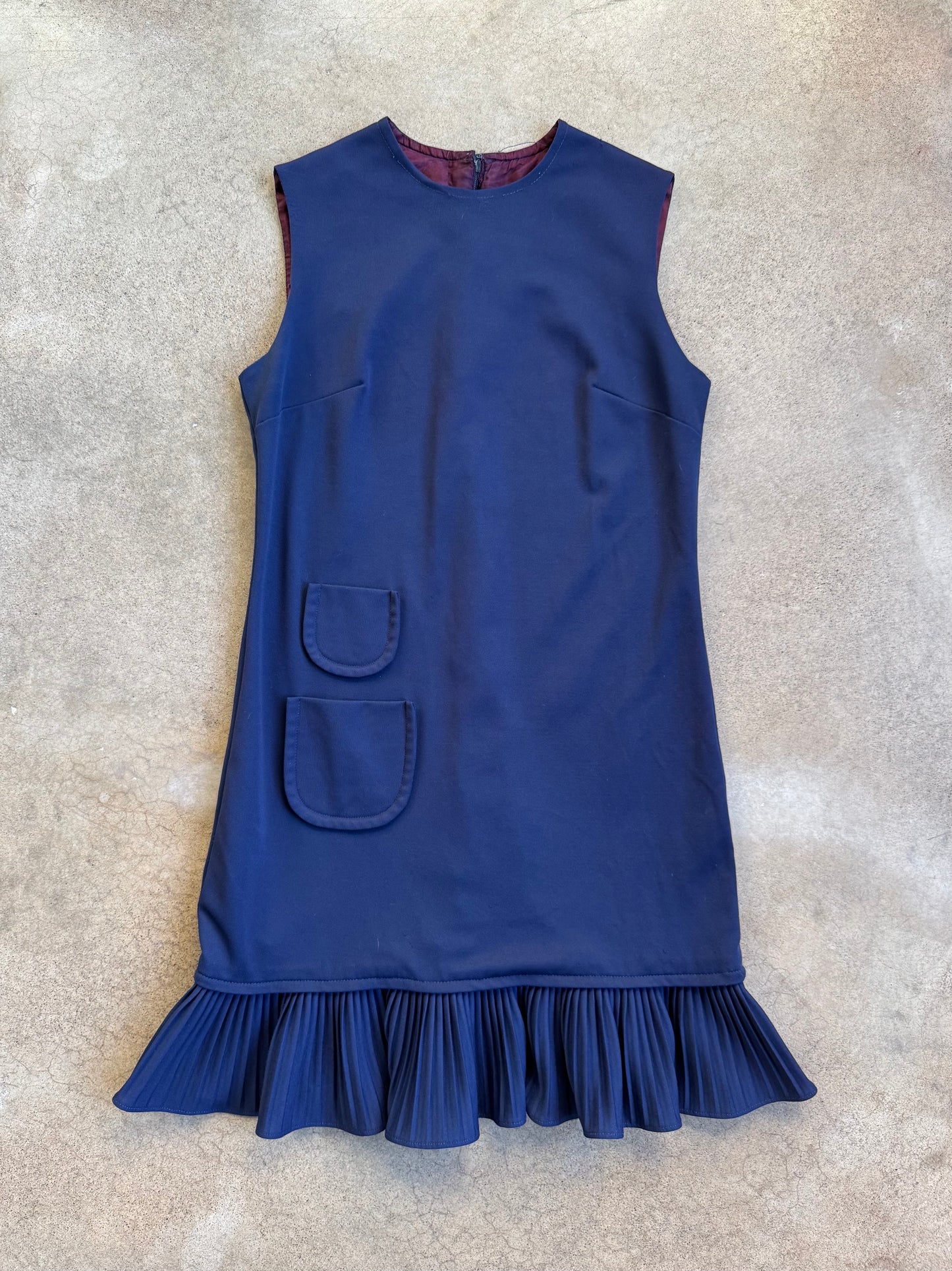 Vintage 1960s Vicky Vaughn Navy Blue Ruffle Trim Shift Dress | Small
