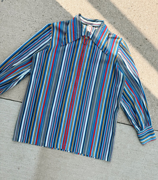 Vintage 1960s Striped O-Ring Zip Up Dagger Collar Shirt