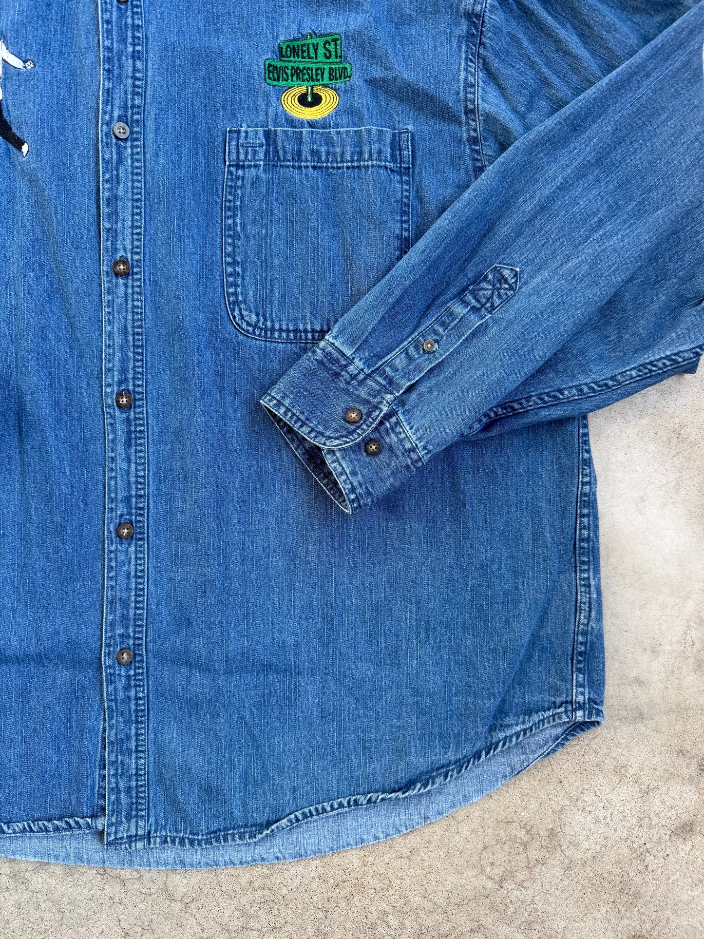 Vintage 1990s Elvis Presley "Treat Me Nice" Embroidered Denim Shirt | XXL