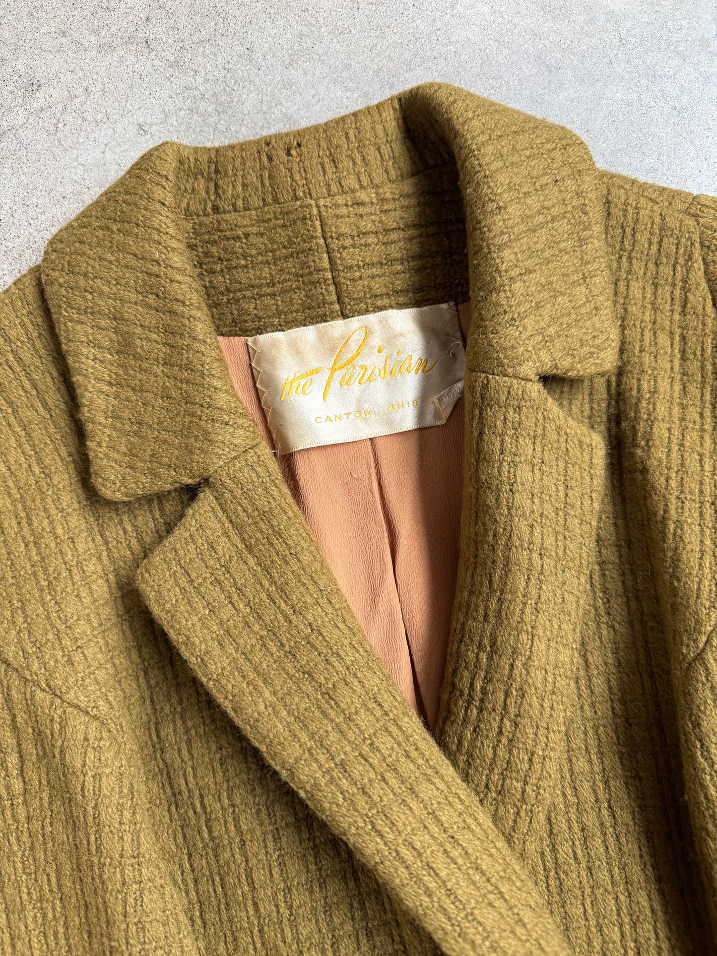 Vintage 1960s The Parisian Olive Green Wool Belted Wrap Coat | Small