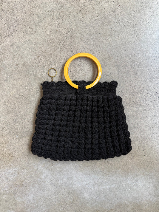 Vintage 1930s Black Crochet Handbag w/ Bakelite Handle