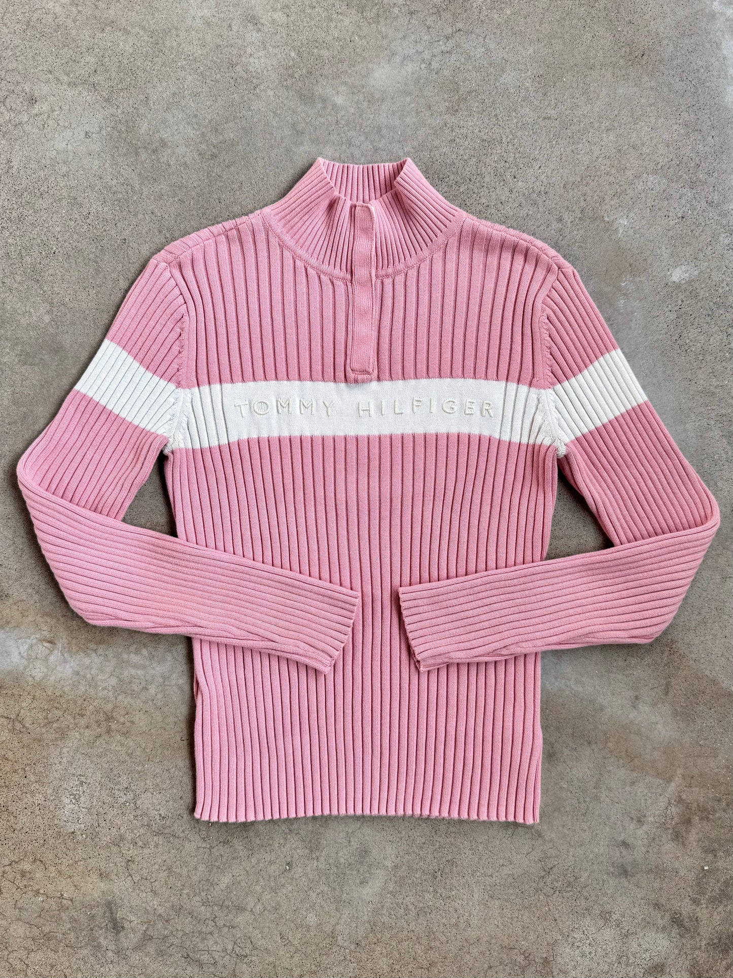 2000s Tommy Hilfiger Pink & White Rib Knit Cotton Pullover Sweater | Medium