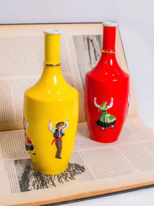 Vintage 1950s Real Vinicola Portugal Red & Yellow Ceramic Wine Bottles | Set of 2