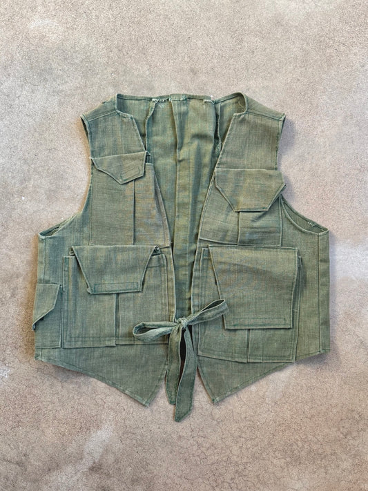 Vintage 1970s Handmade Green Cargo Utility Vest | Large