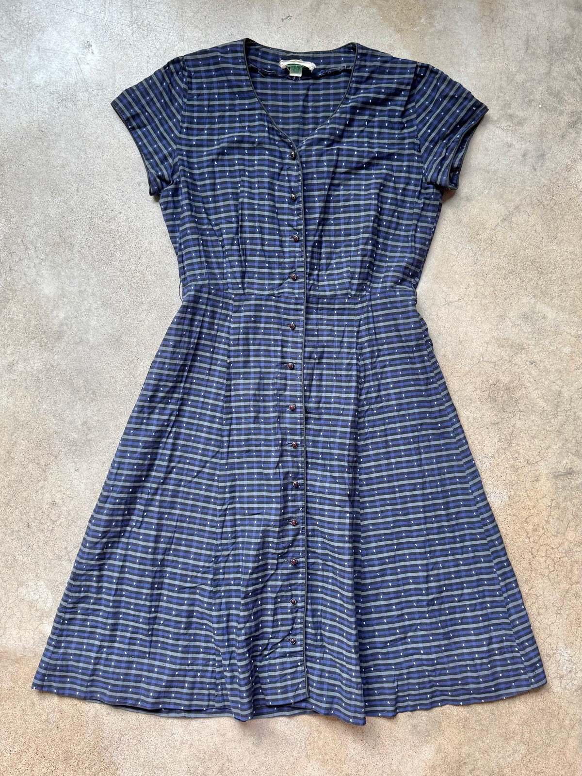 Vintage 1950s Berkshire Navy Swiss Dot Plaid Short Sleeve Button-Front Dress | XS