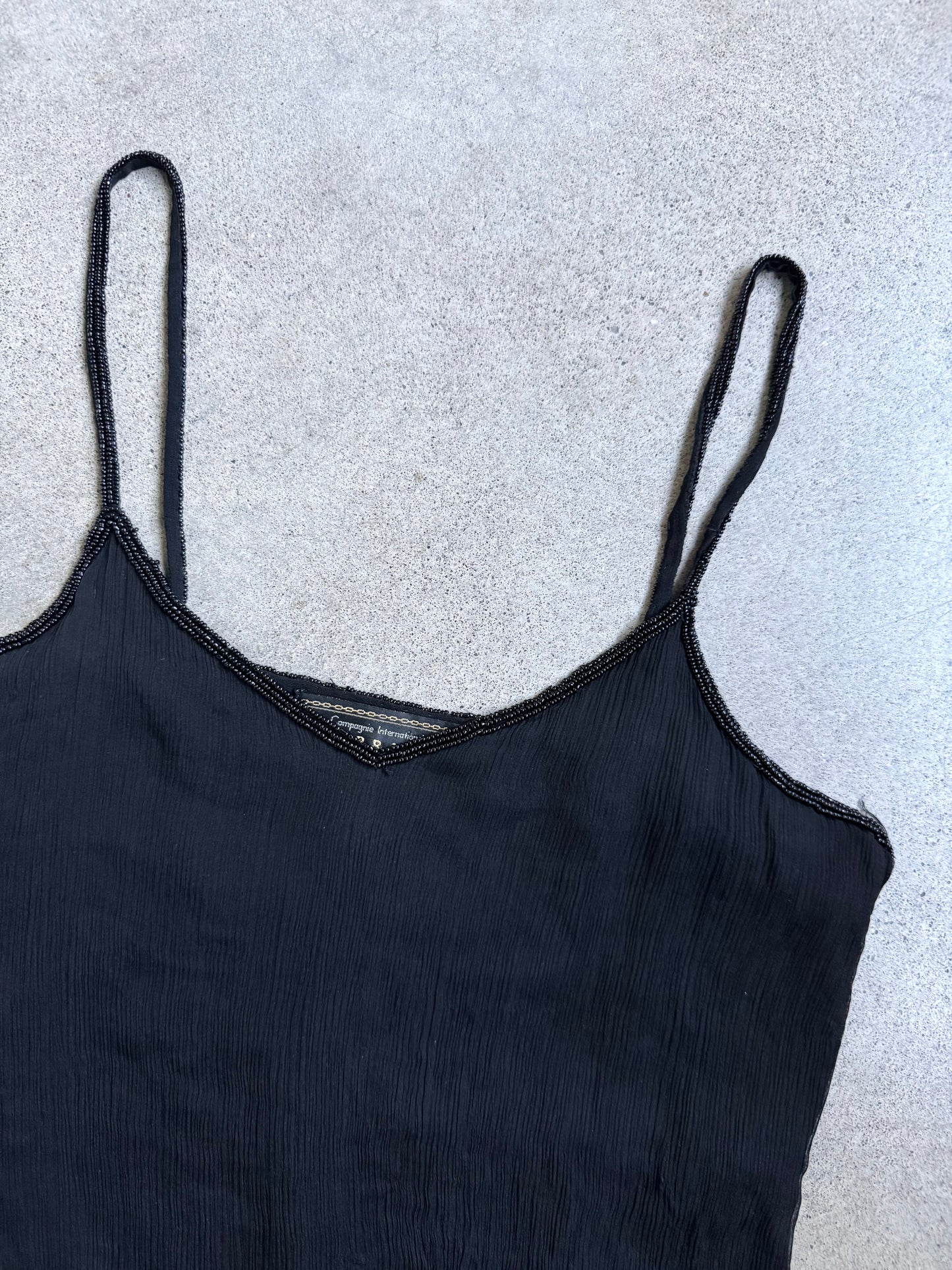 Vintage 1990s Express Black Beaded Trim Silk Tank Top | Small
