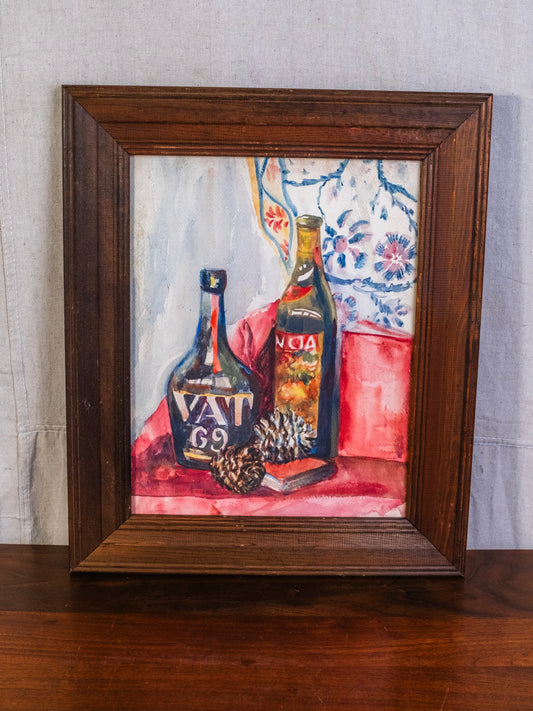 Vintage 1940s/50s Framed Still Life Liquor & Wine Bottle Watercolor Art