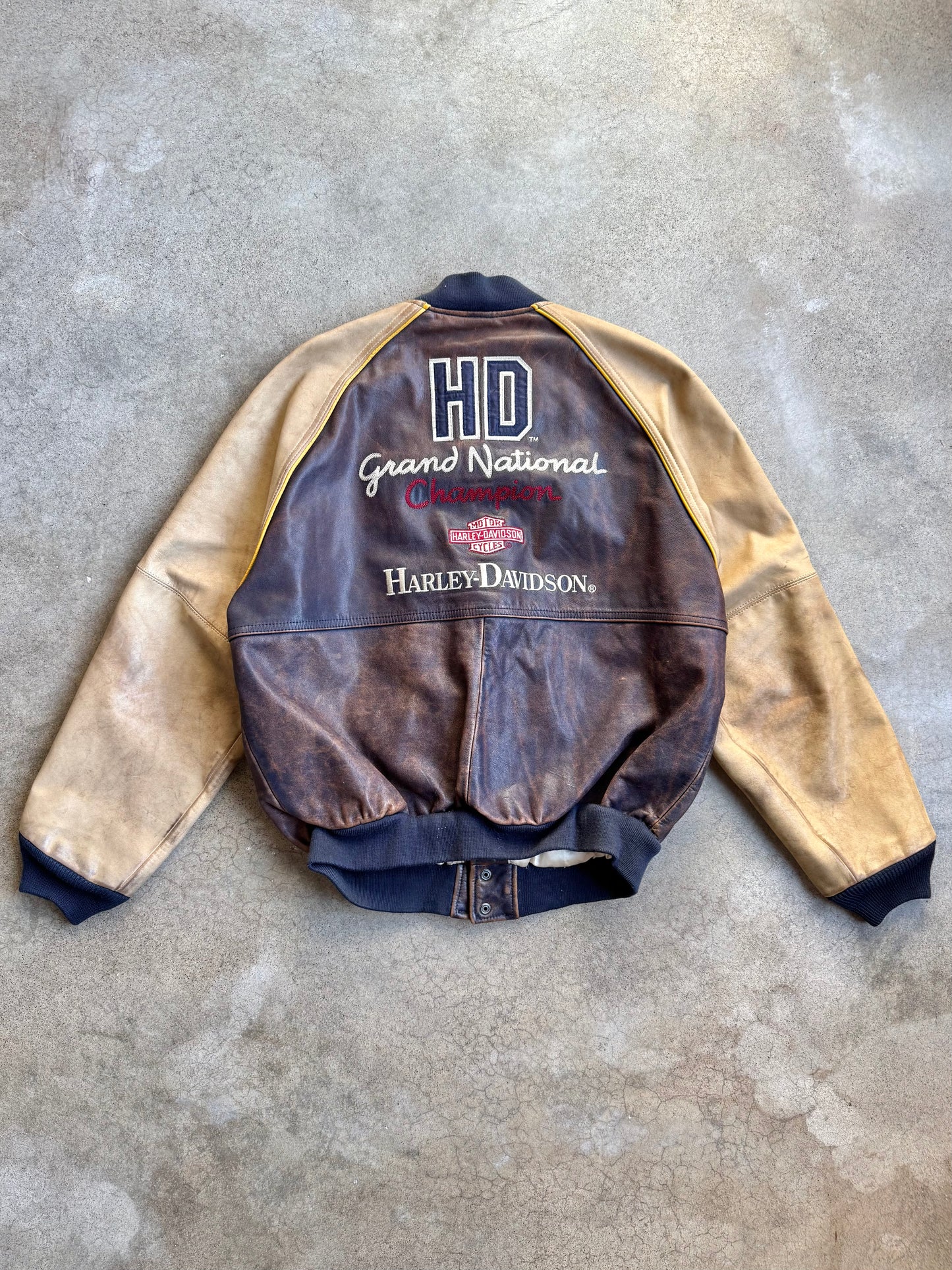 Vintage 1990s Harley Davidson Grand National Champion Leather Bomber Jacket | Medium