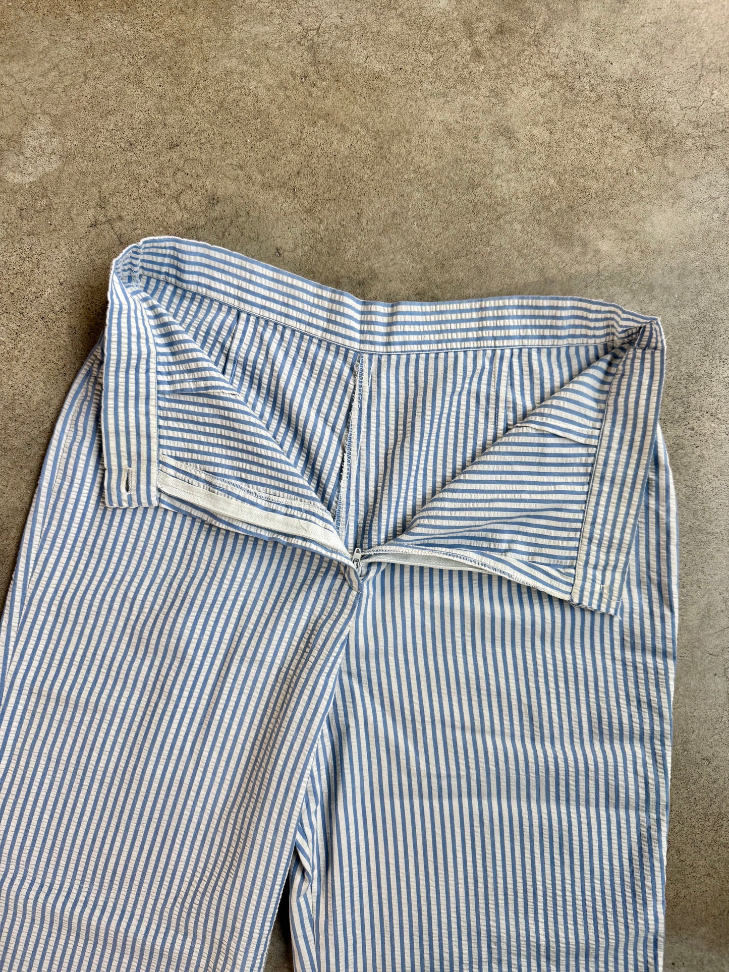 Vintage 1970s Donnkenny Blue Striped Seersucker Wide-Leg Pants | Waist 30”