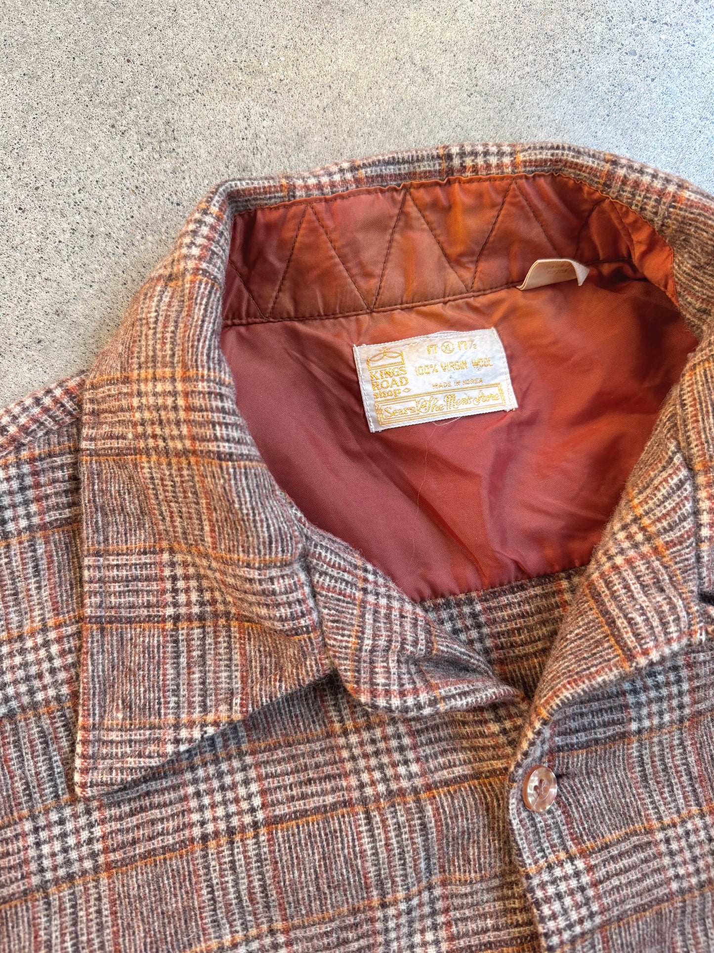 Vintage 1970s Sears Brown Plaid 100% Wool Flannel Shirt | XL