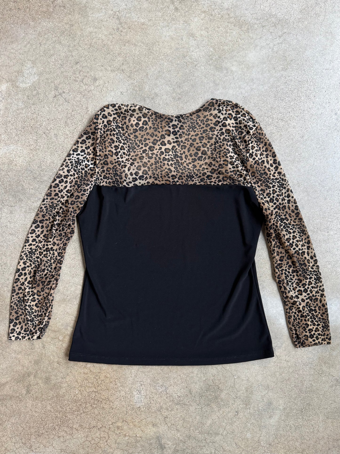 Vintage 1990s Suzie in the City Cheetah Print Mesh Sleeve Blouse | Medium
