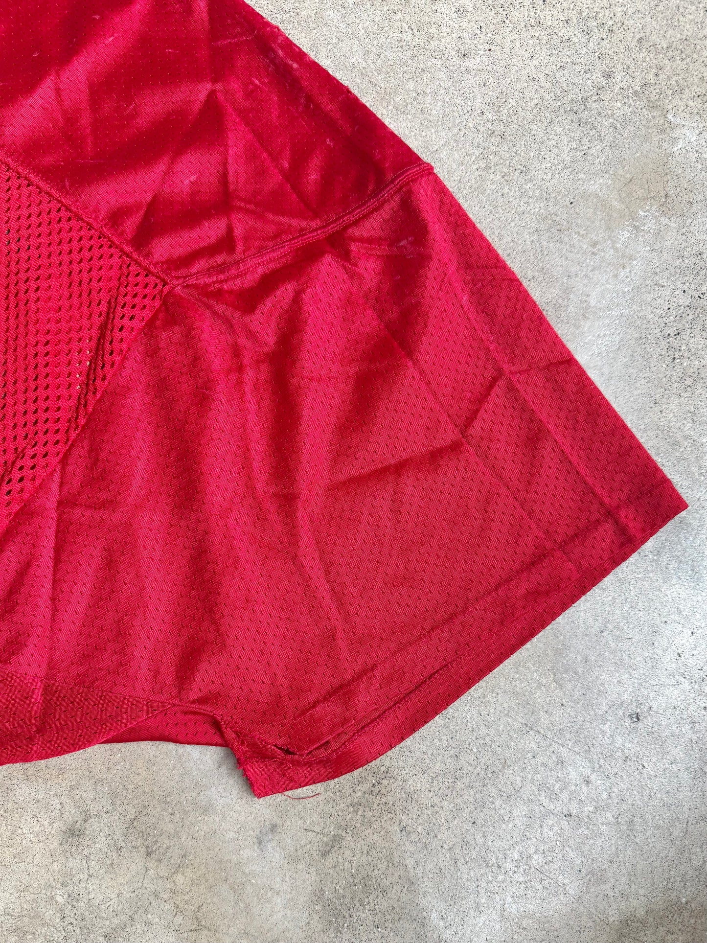 Vintage 1980s Fab-Knit Red Mesh #67 Cropped Football Jersey | Large
