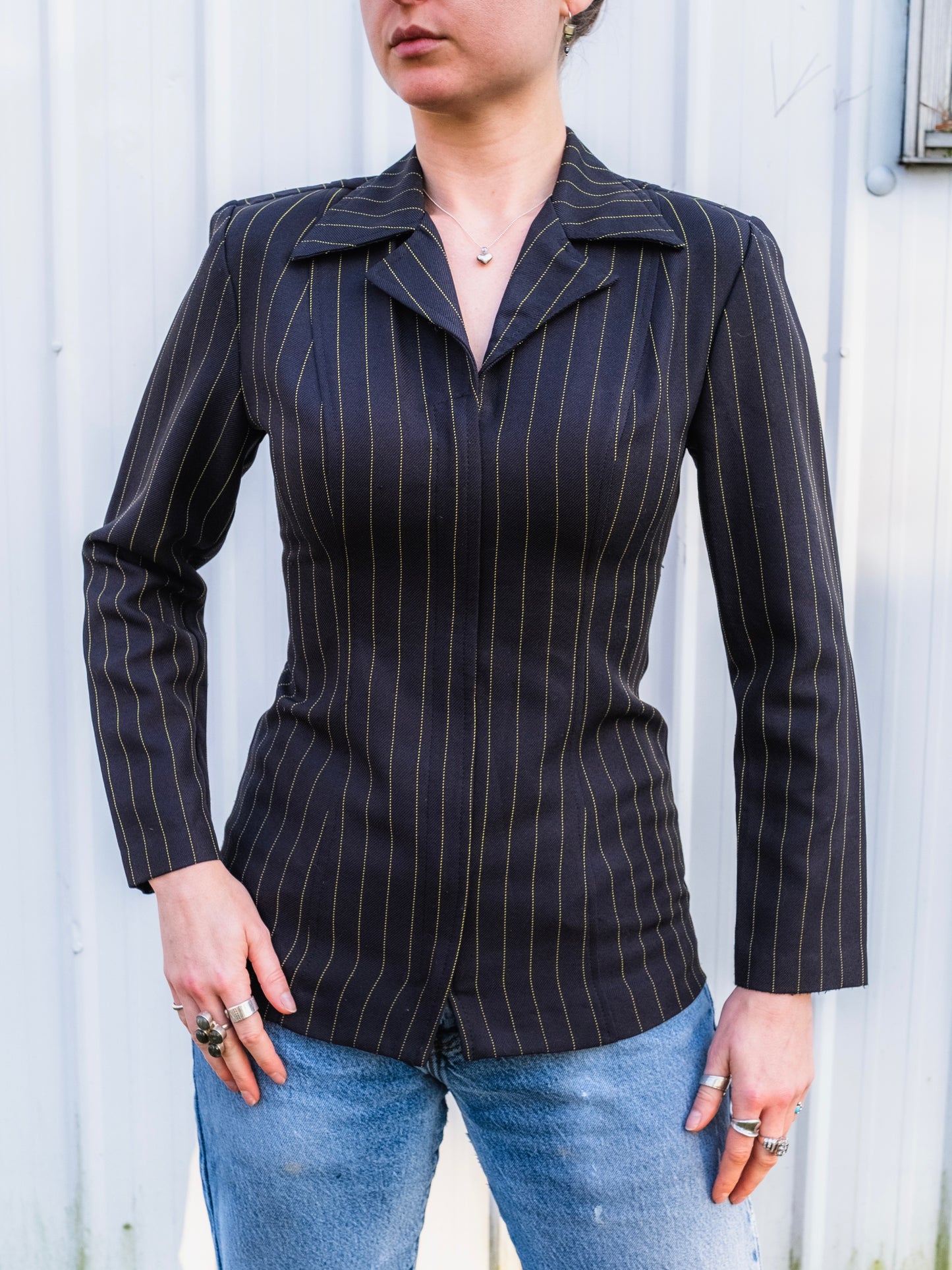 Vintage 1990s Alyn Paige Black & Green Pinstripe Zip-Up Blouse | Small