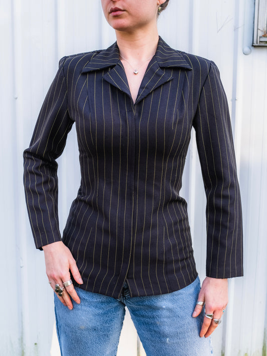 Vintage 1990s Alyn Paige Black & Green Pinstripe Zip-Up Blouse | Small