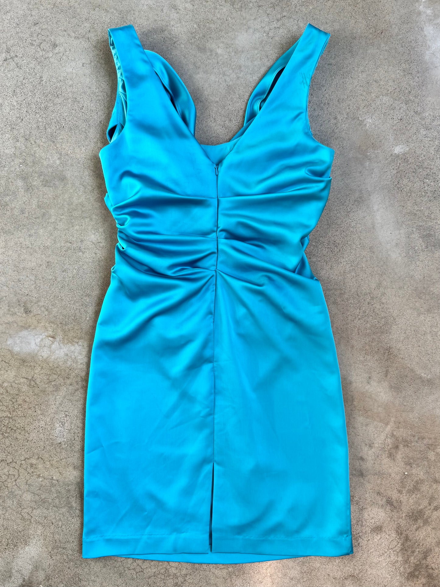 2000s David's Bridal Blue Satin Ruched Formal Mini Dress | Medium