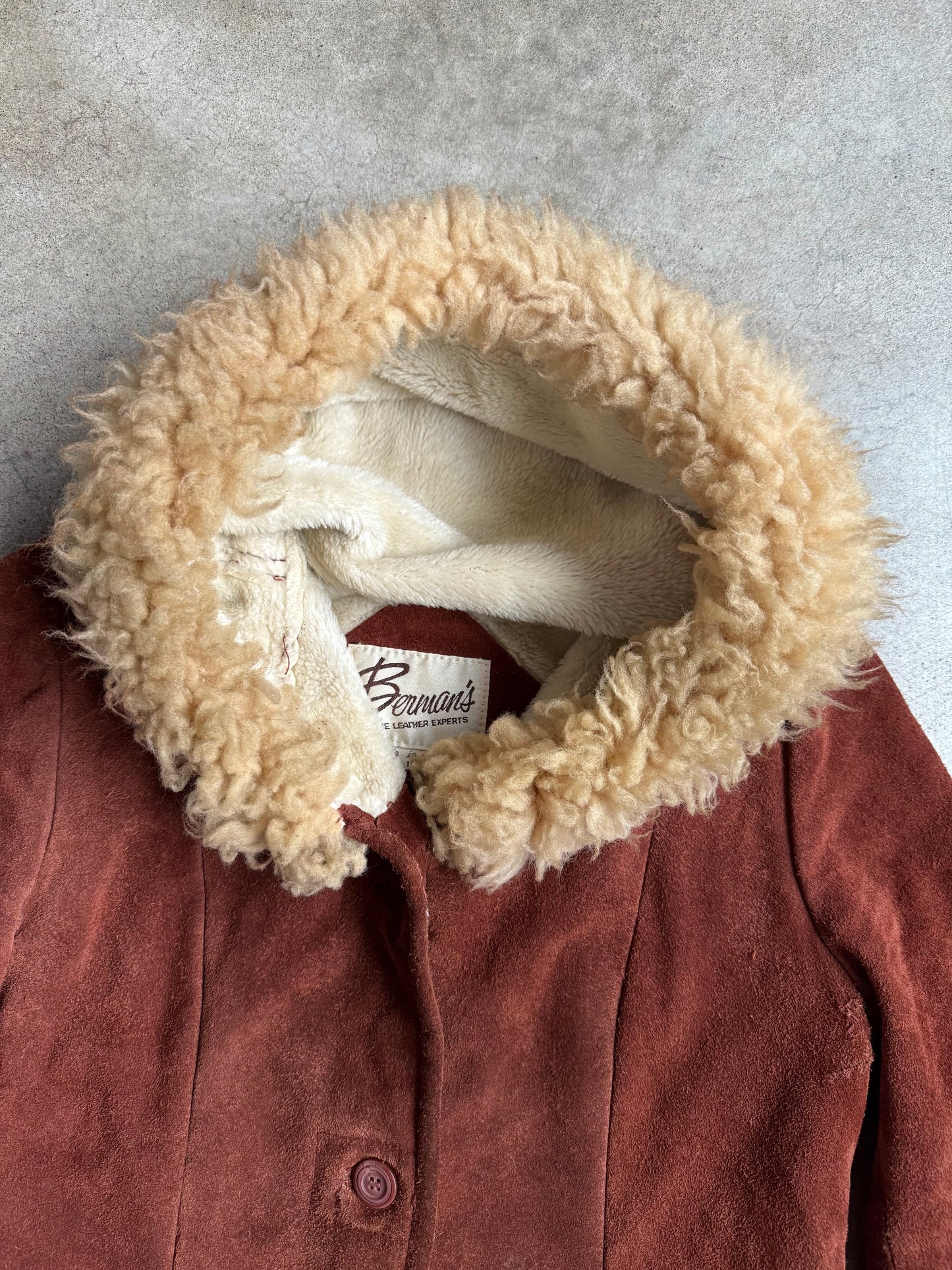 Vintage 1970s Berman’s Brown Suede Lamb Fur Trim Hooded Overcoat | Medium