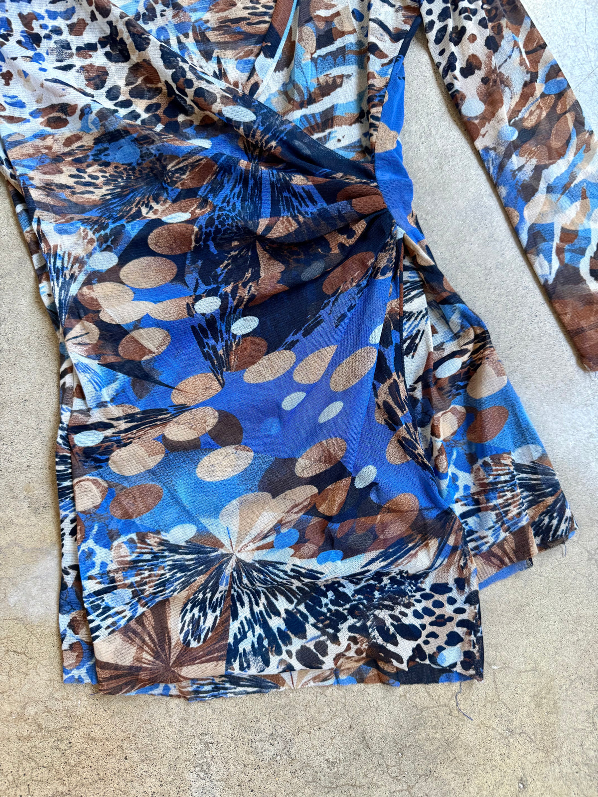 2000s Caché Blue Multi-Pattern Mesh Wrap Top | Medium