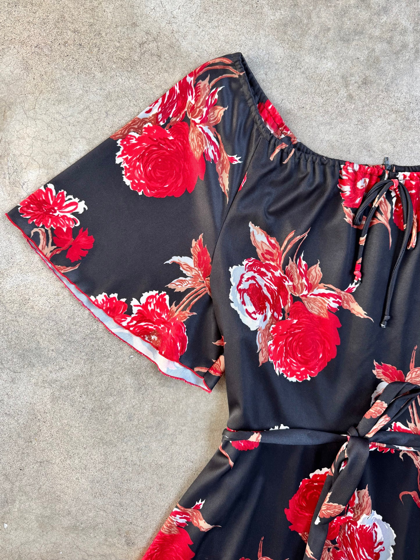 Vintage 1970s Black & Red Floral Off-Shoulder A-Line Midi Dress | XL