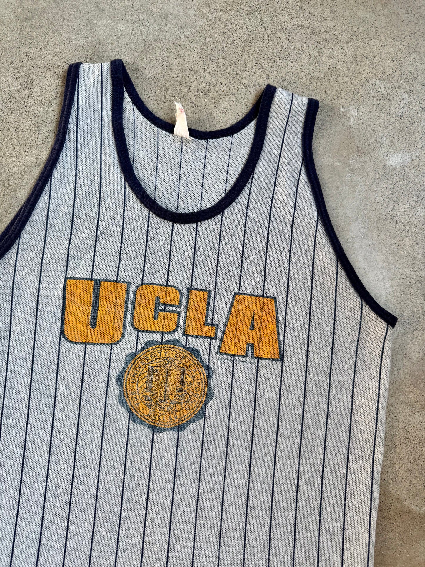 Vintage 1980s Grey & Blue UCLA Striped Mesh Tank Top | Large