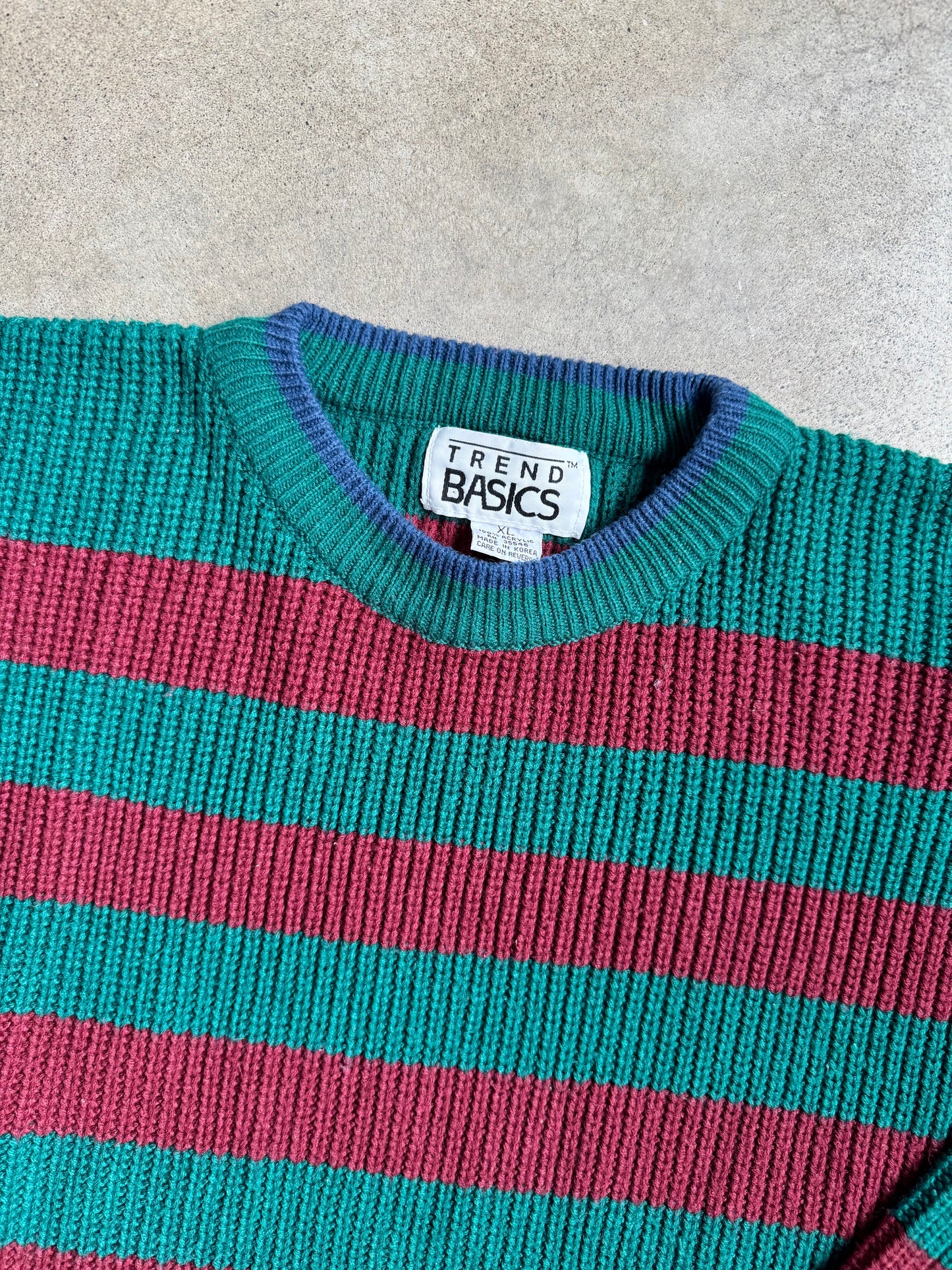 Vintage 1980s Trend Basics Burgundy & Green Striped Crewneck Sweater | XL