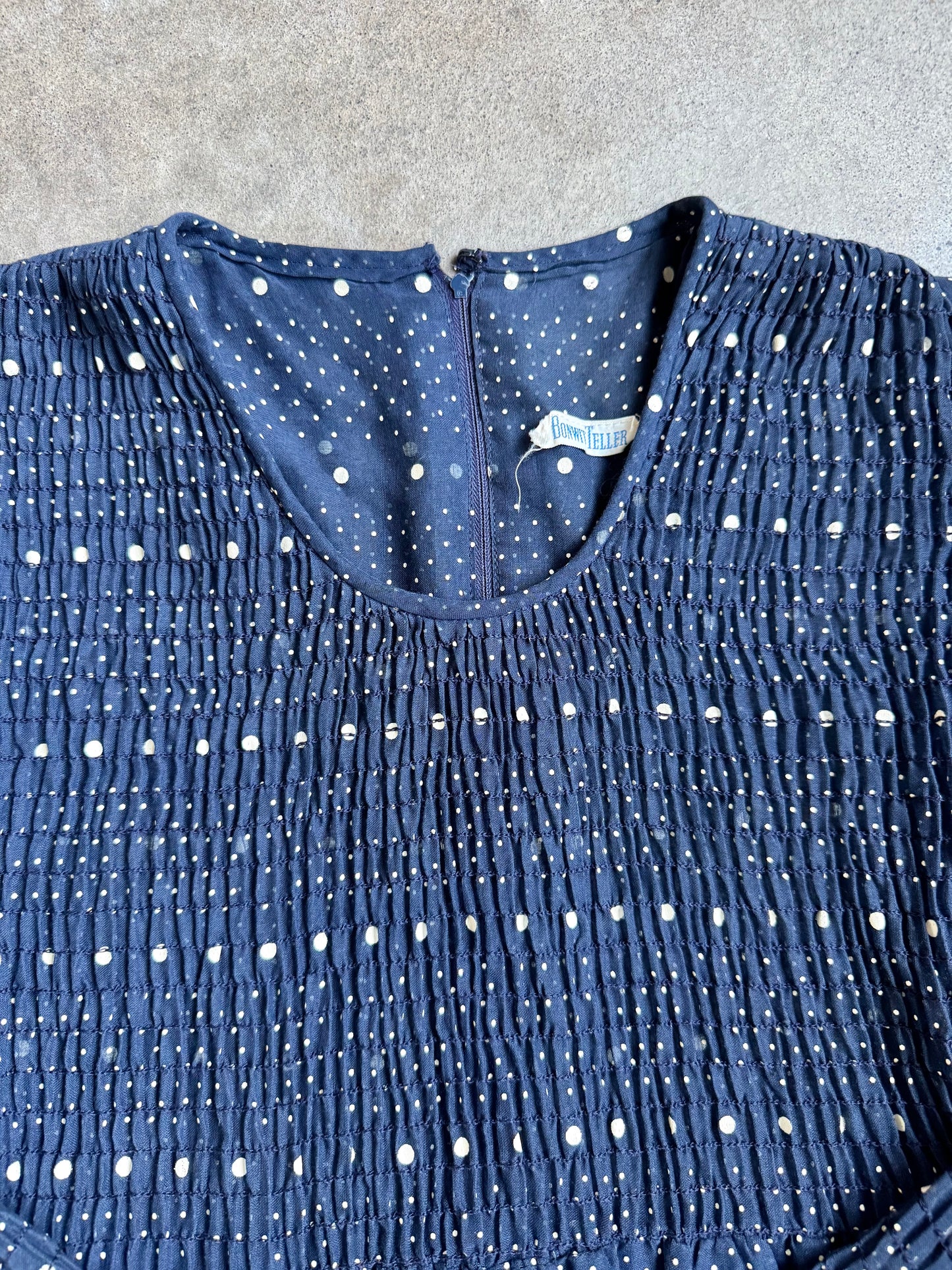 Vintage 1960s Bonwit Teller Navy Polka Dot Smocked Long Sleeve Maxi Dress | S/M