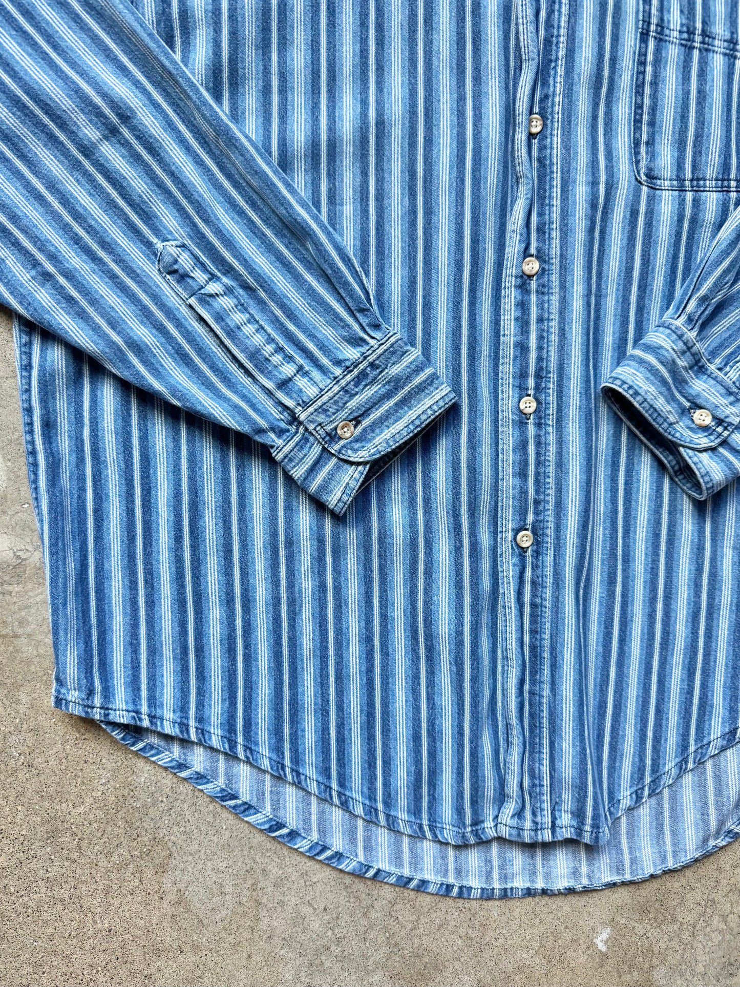 Vintage 1990s L.L. Bean Blue Striped Denim Button-Down Shirt | XL