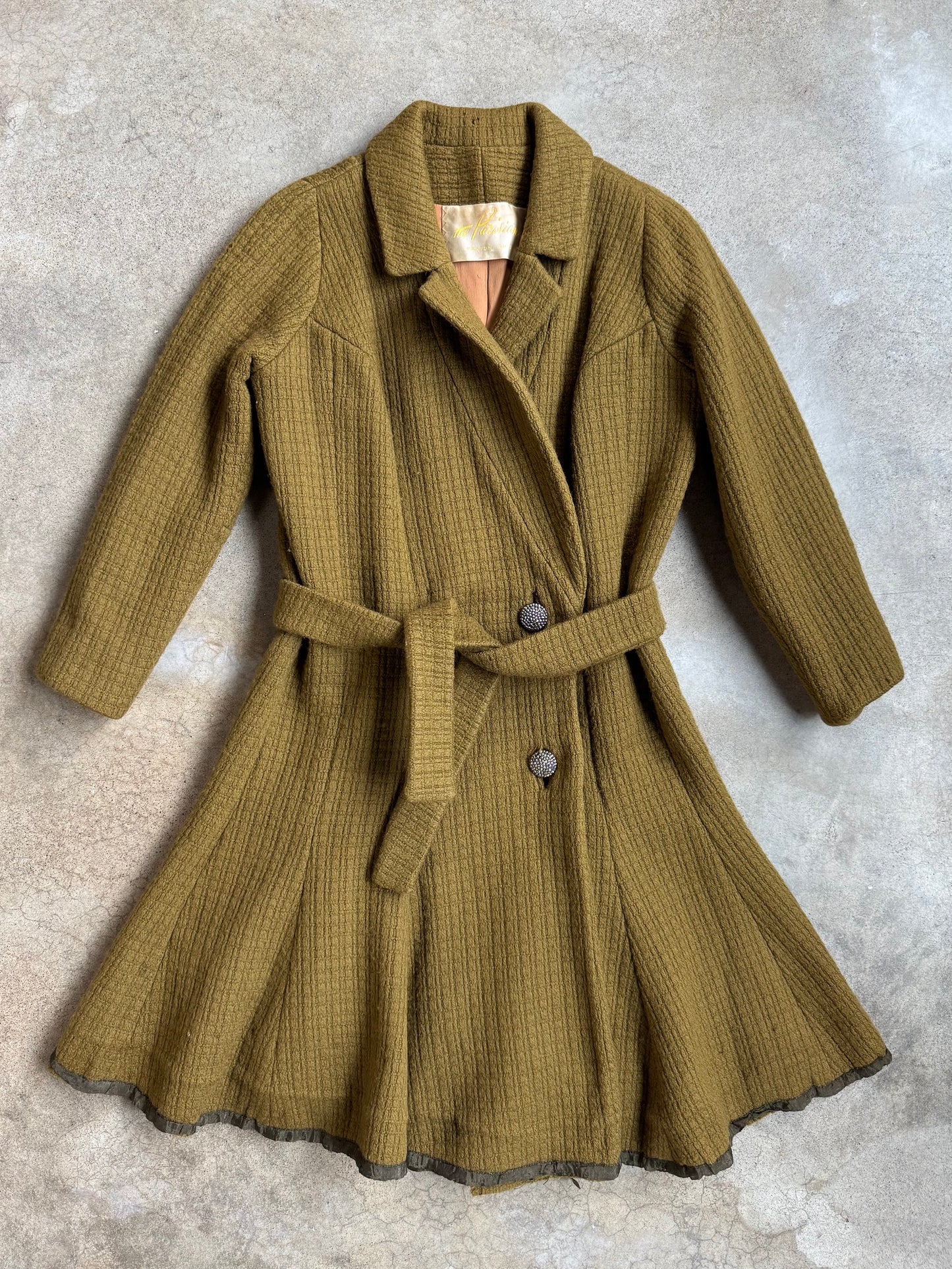 Vintage 1960s The Parisian Olive Green Wool Belted Wrap Coat | Small