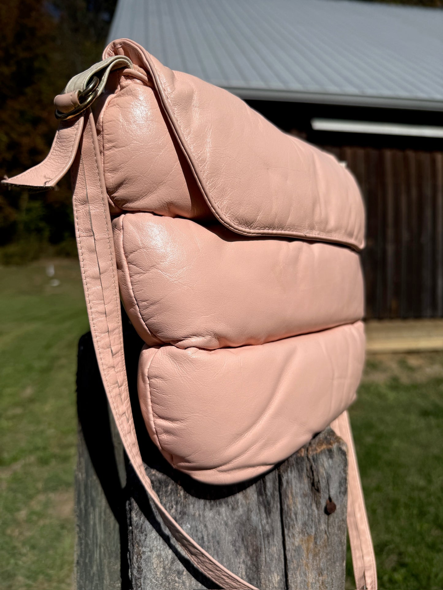 Vintage 1980s Karen NY Pink Quilted Puffer Crossbody Bag