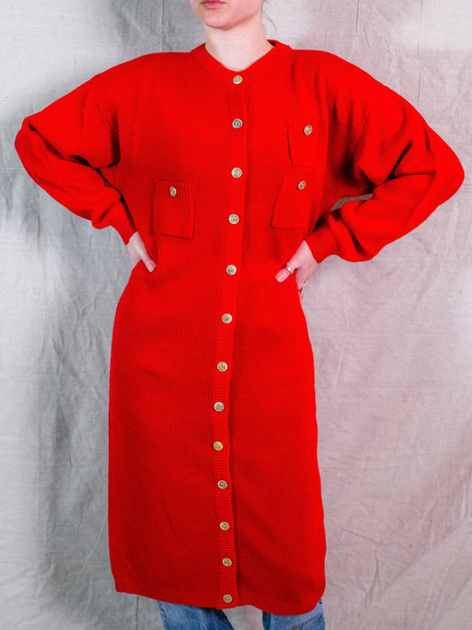 Vintage 1980s Clover Trading Co. Red Button-Front Sweater Dress | Medium