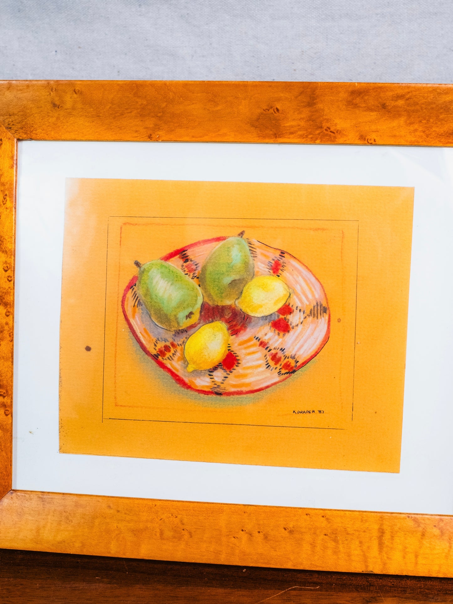 Vintage 1987 Framed "Bowl of Fruit" Southwestern Oil Pastel Drawing | Signed