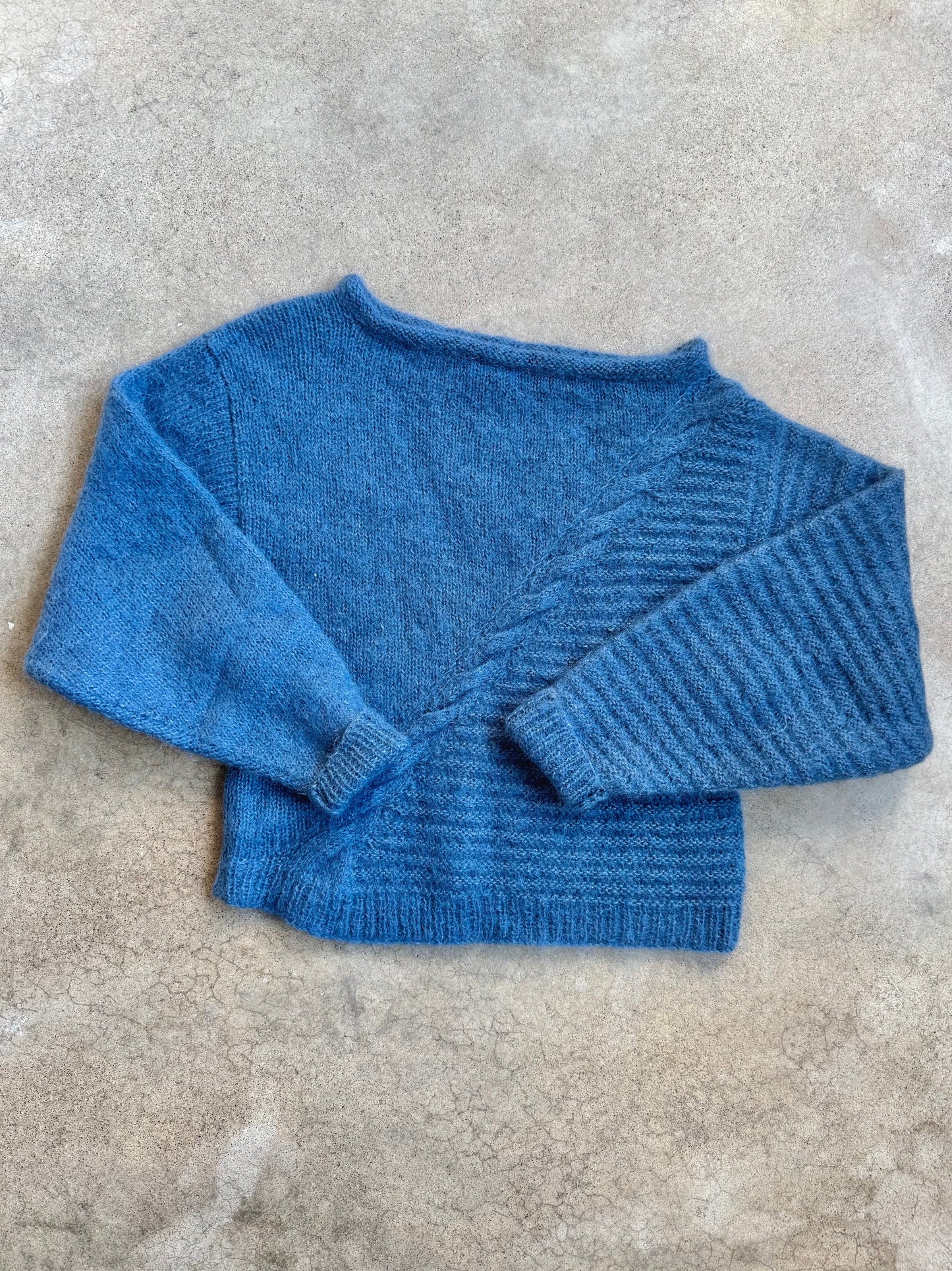 Vintage 1950s Hand-Knit Blue Mohair-Blend Boatneck Sweater | Medium