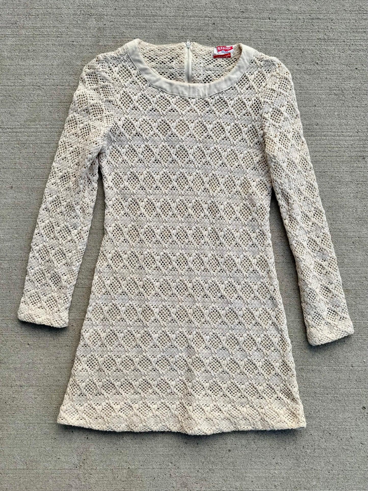 Vintage 1960s Cream Crochet Long Sleeve Mini Dress | XS/S